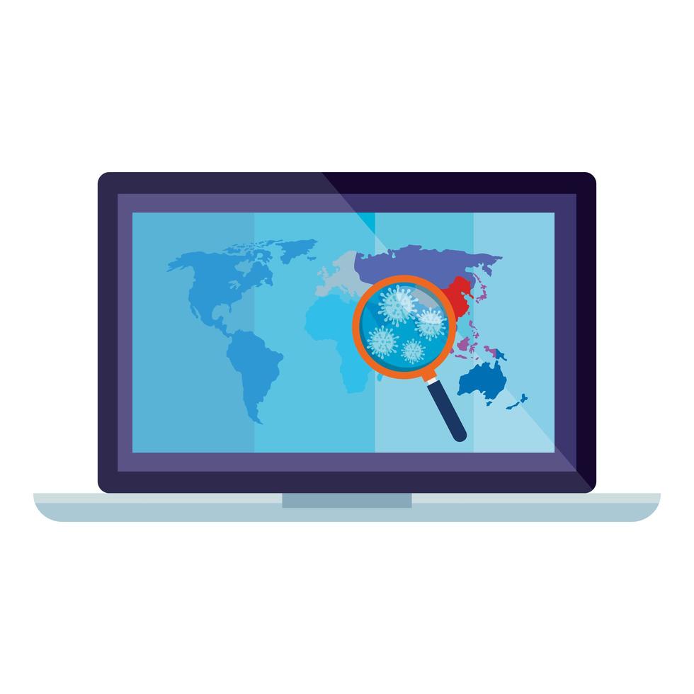 earth map with covid19 particles and magnifying glass in laptop vector