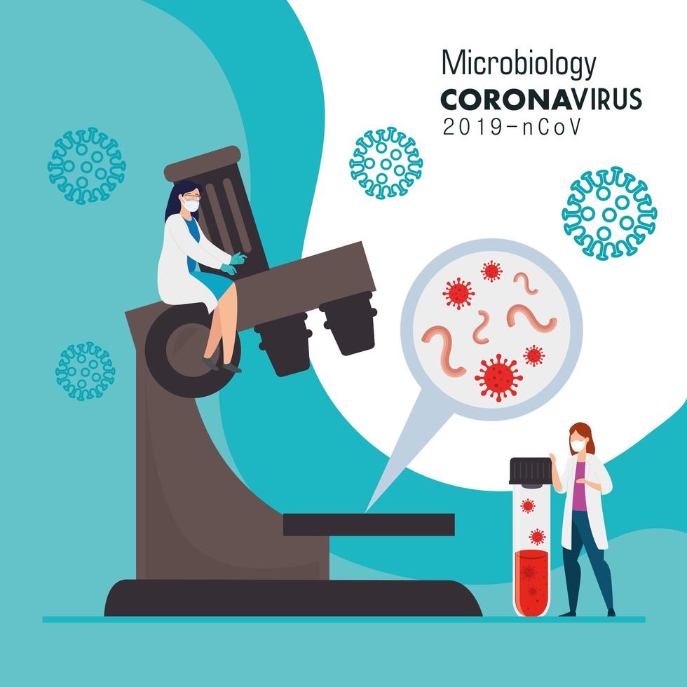 microbiología para covid 19 con doctores y microscopio vector