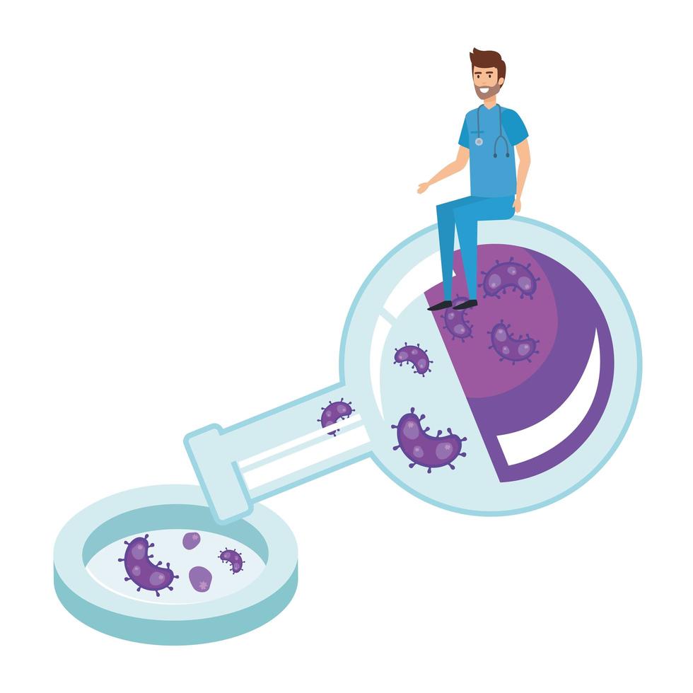 paramédico sentado en tubo de prueba con partículas covid 19 vector