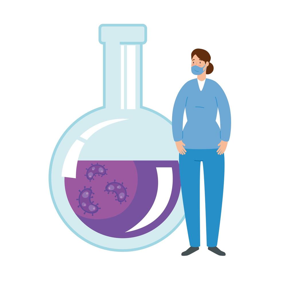 paramédico hembra y tubo de prueba con partículas covid 19 vector