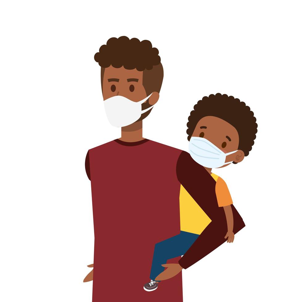 padre con hijo afro usando mascarilla vector