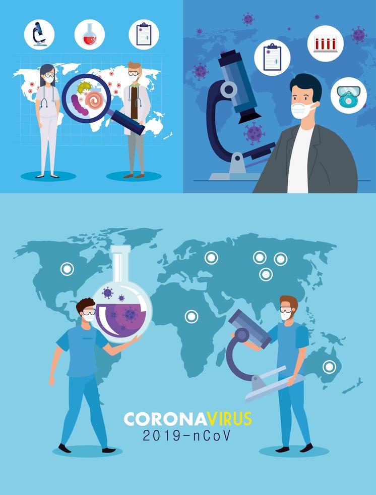 set poster of covid 19 with staff medical and icons medicine vector