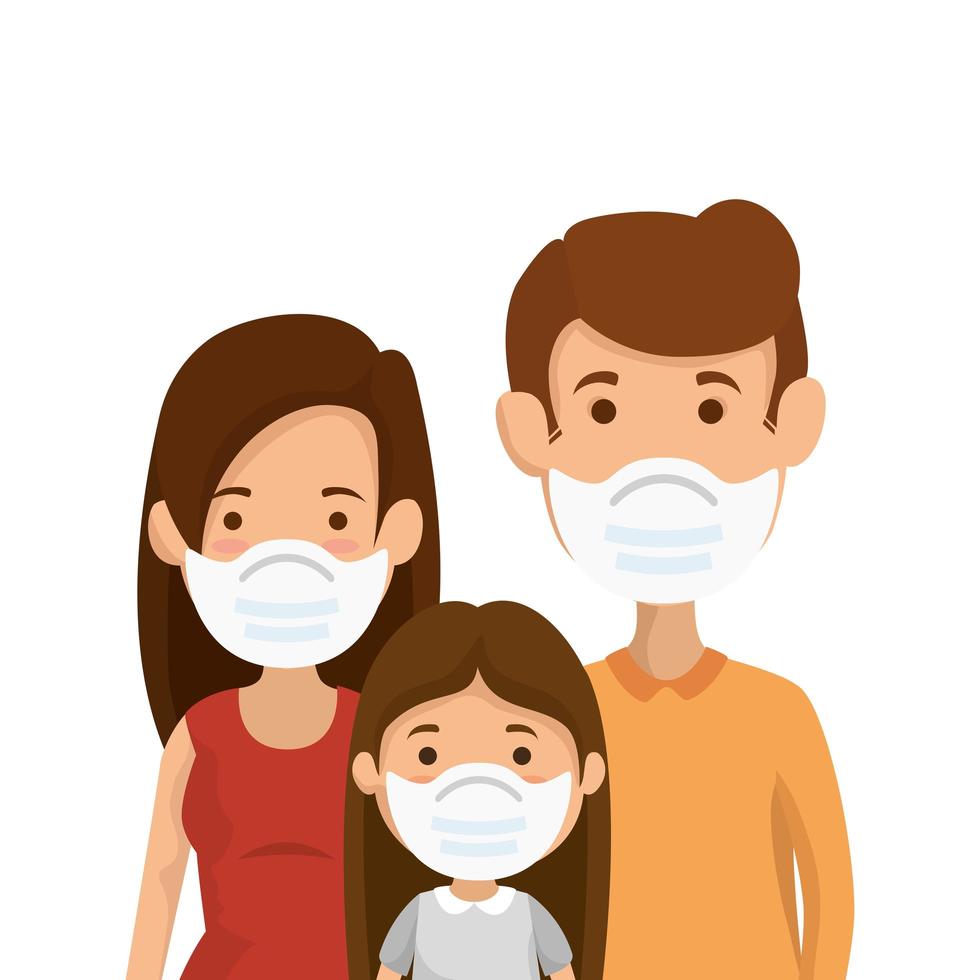 padres con hija usando mascarilla vector