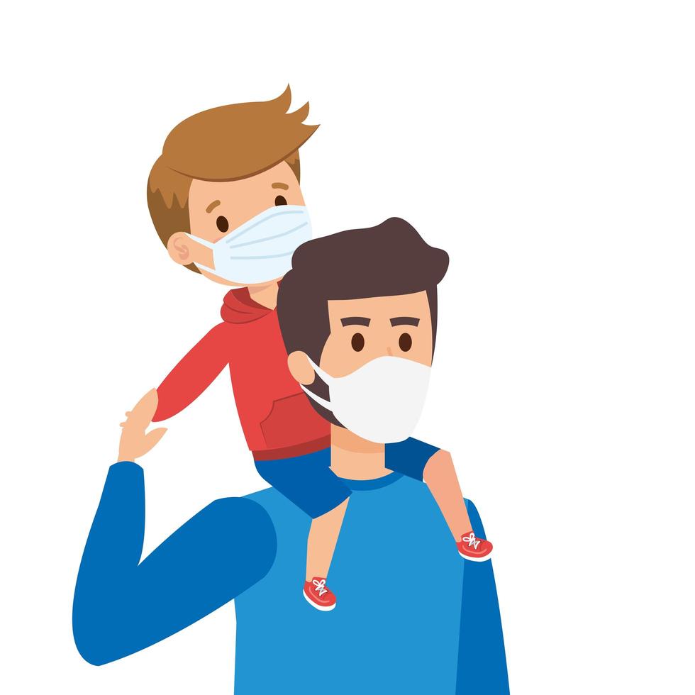 father with son using face mask vector