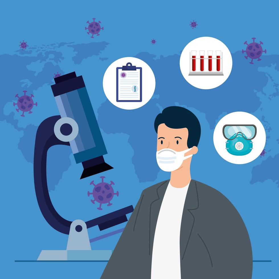 doctor with particles covid 19 and medical icons vector