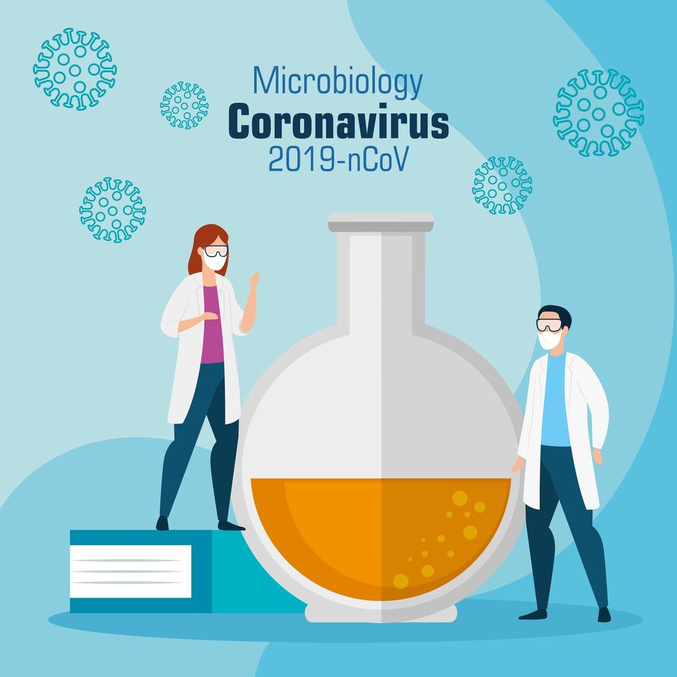 médicos y tubo de prueba con partículas icono covid 19 vector