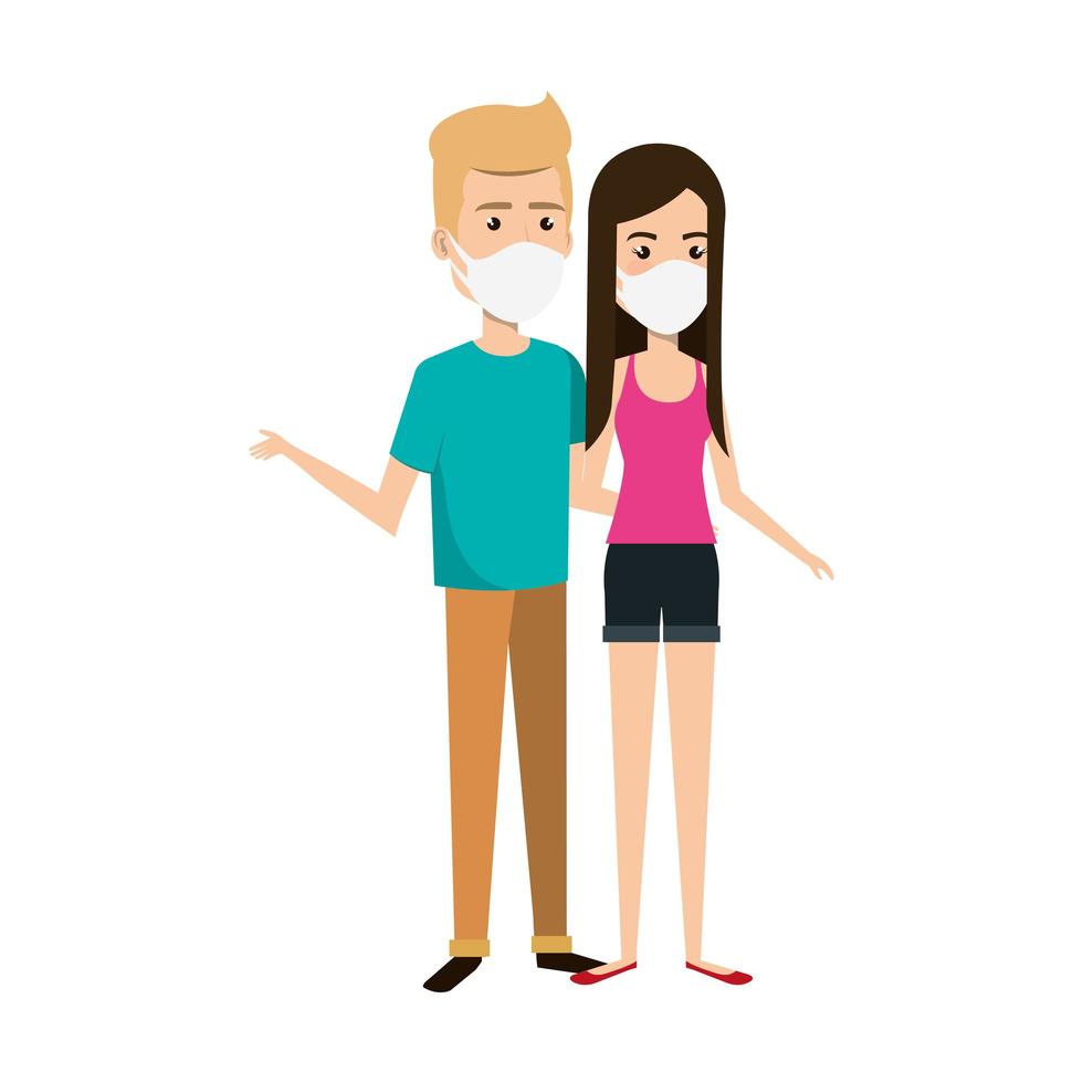 pareja joven, utilizar, máscara facial, icono, aislado vector