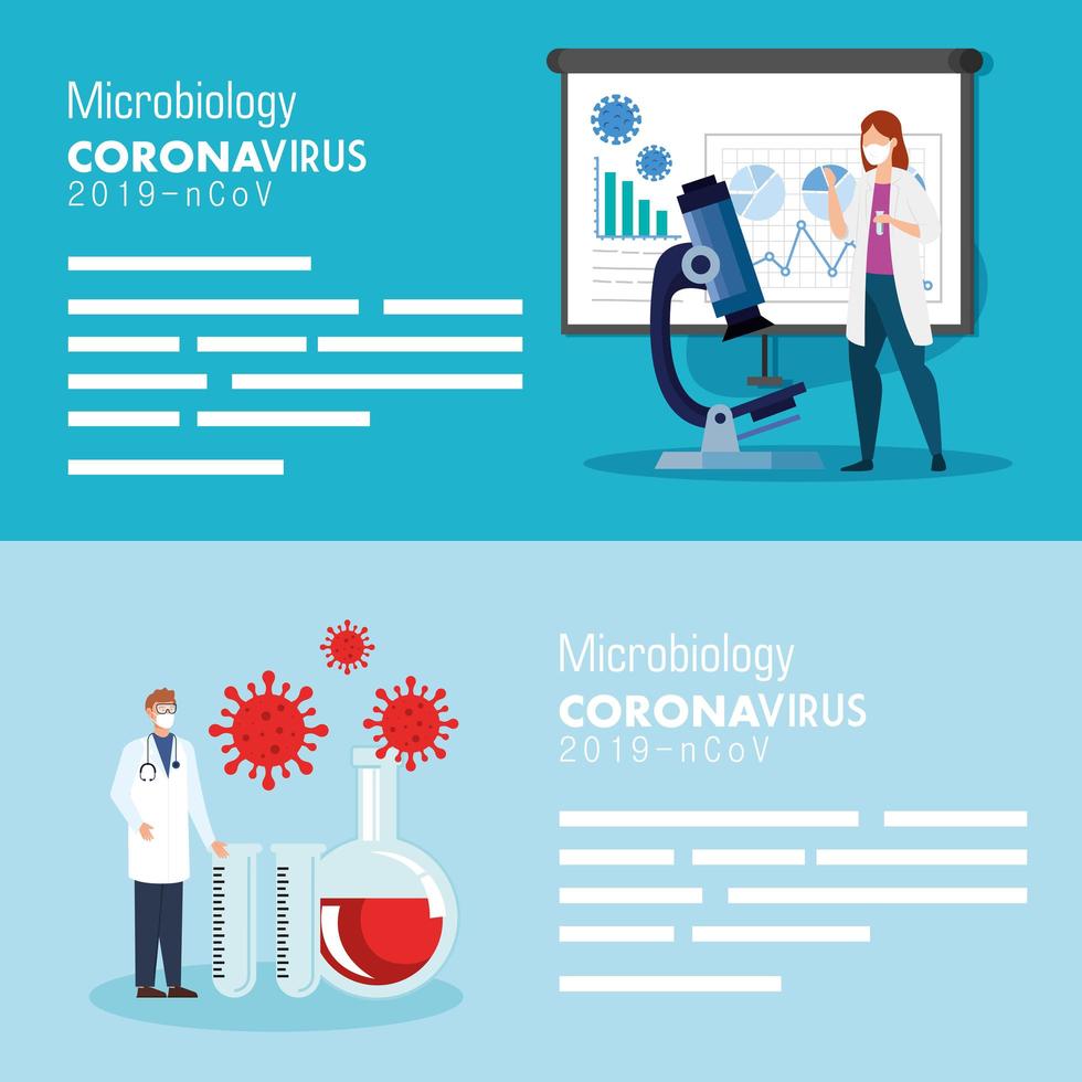 set poster of microbiology for covid 19 and medical icons vector