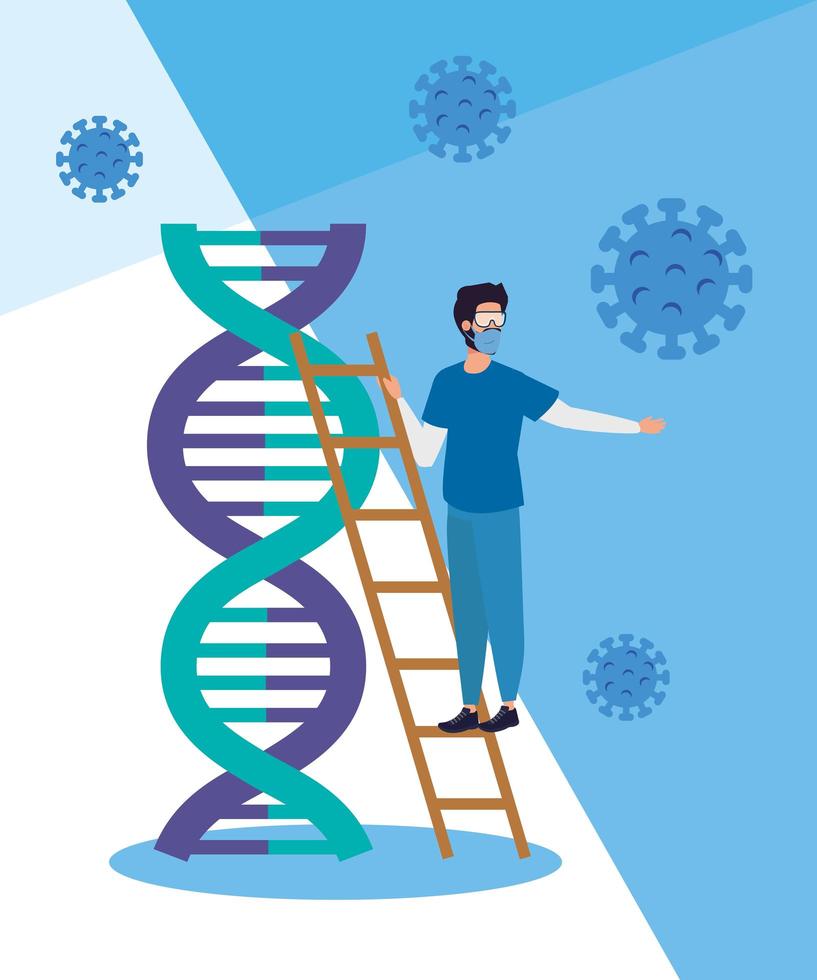 paramedic and dna structure with particles covid 19 vector