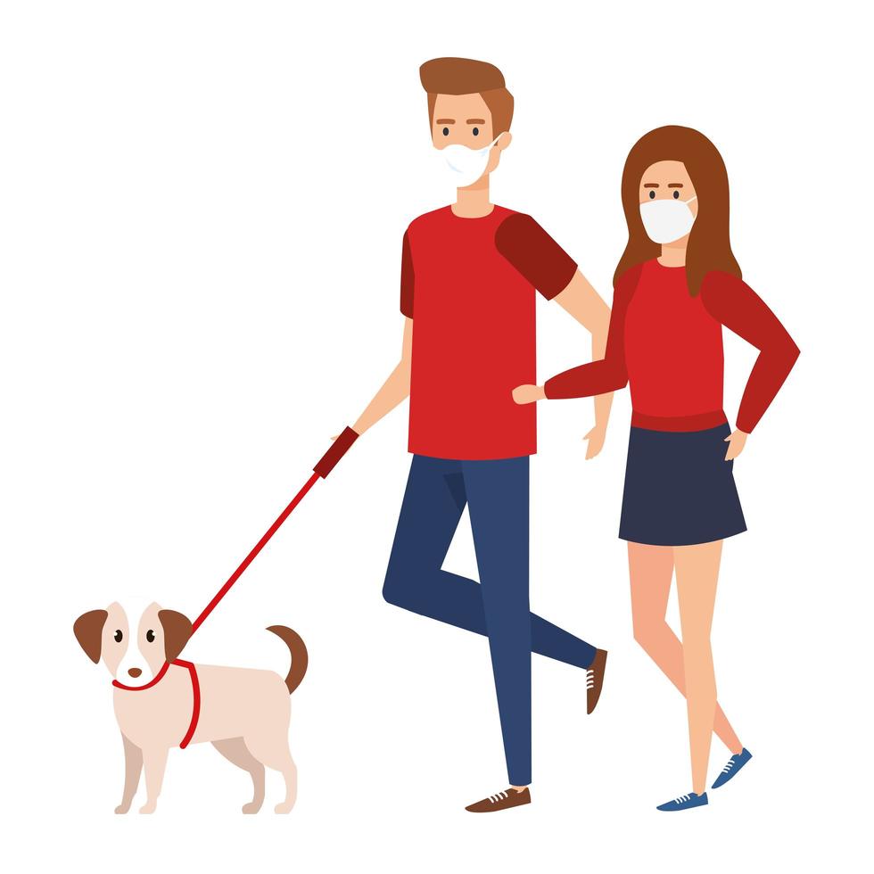 young couple using face mask walking with dog vector