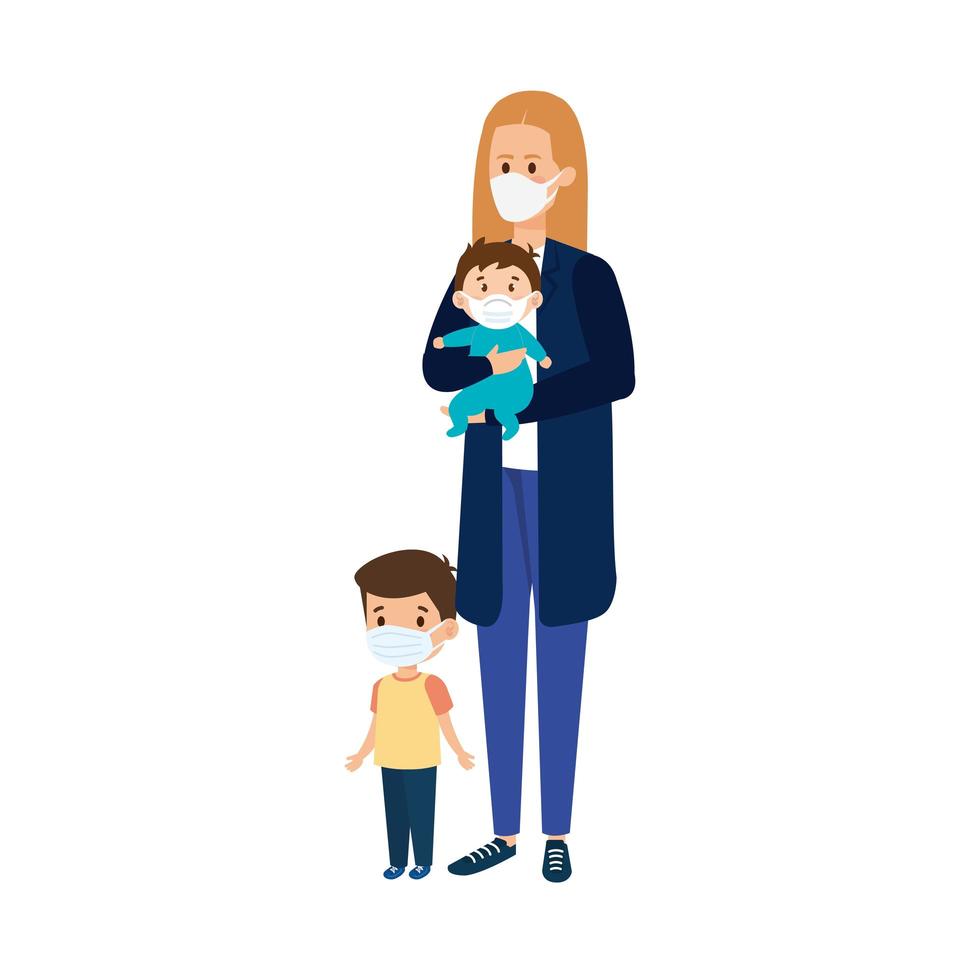 mother with children using face mask vector