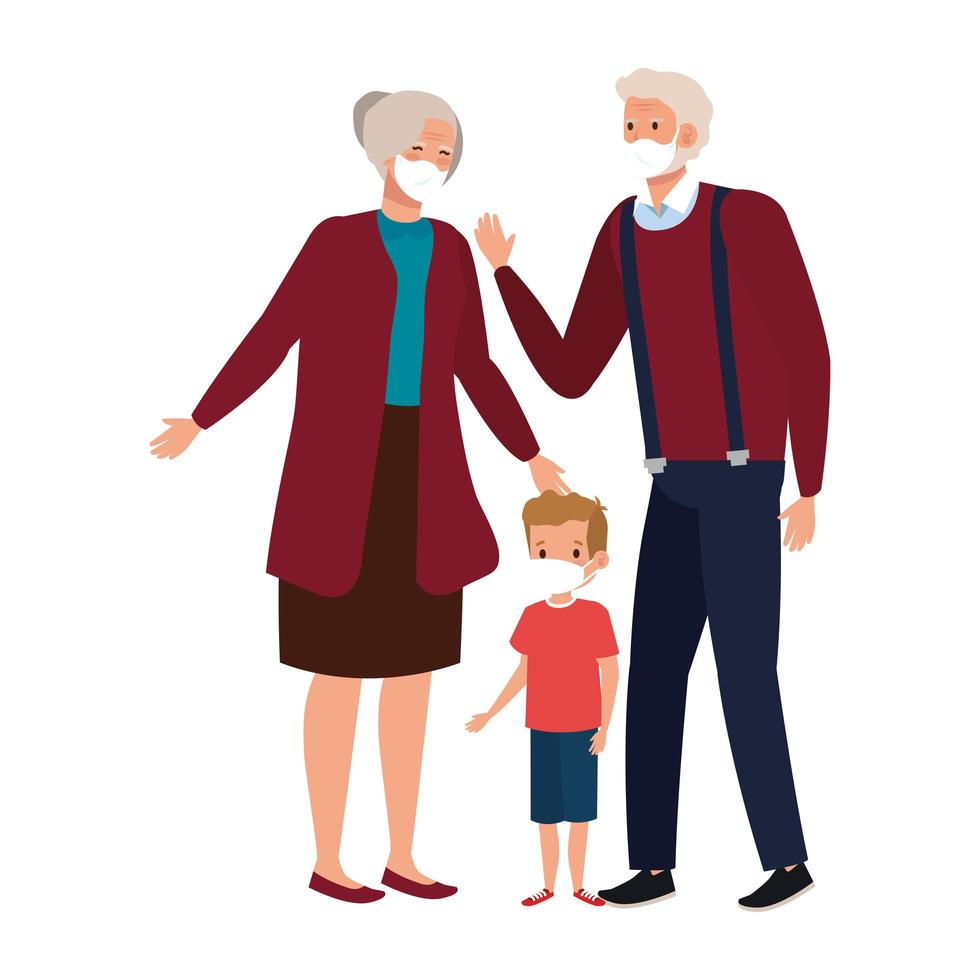 grandparents with grandchild using face mask vector