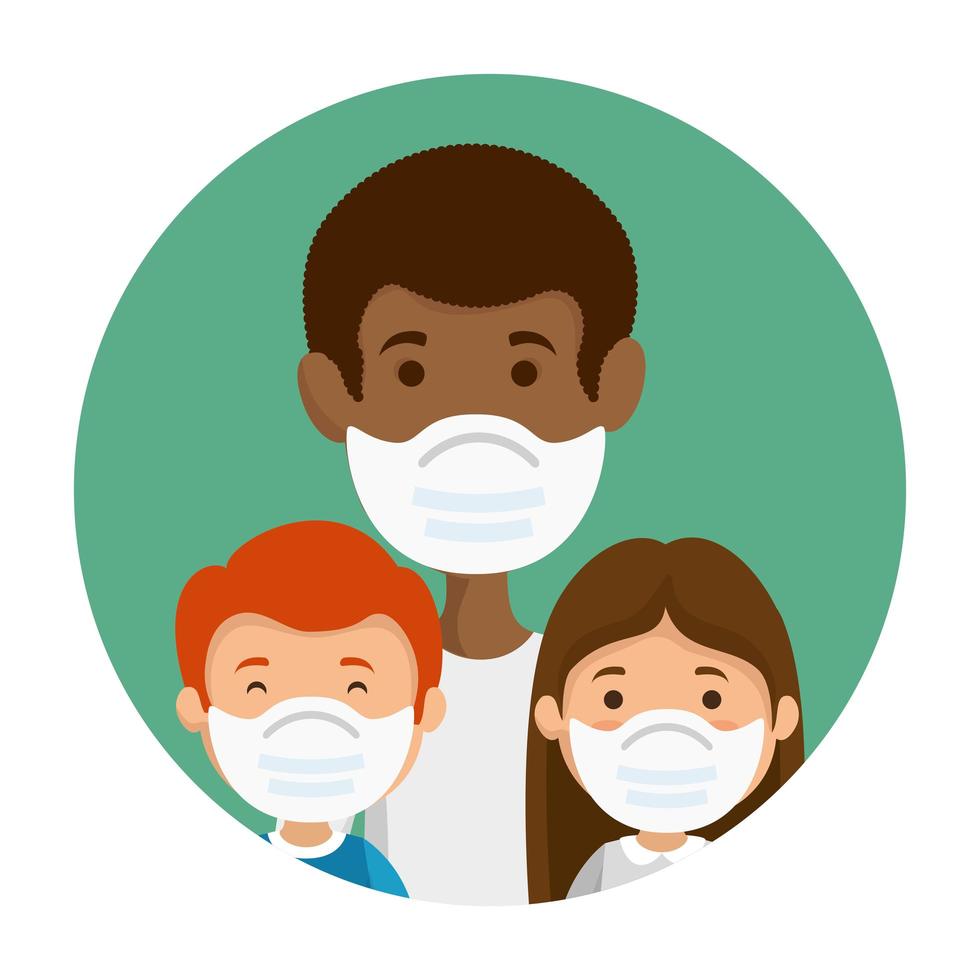 padre con hijos usando mascarilla vector