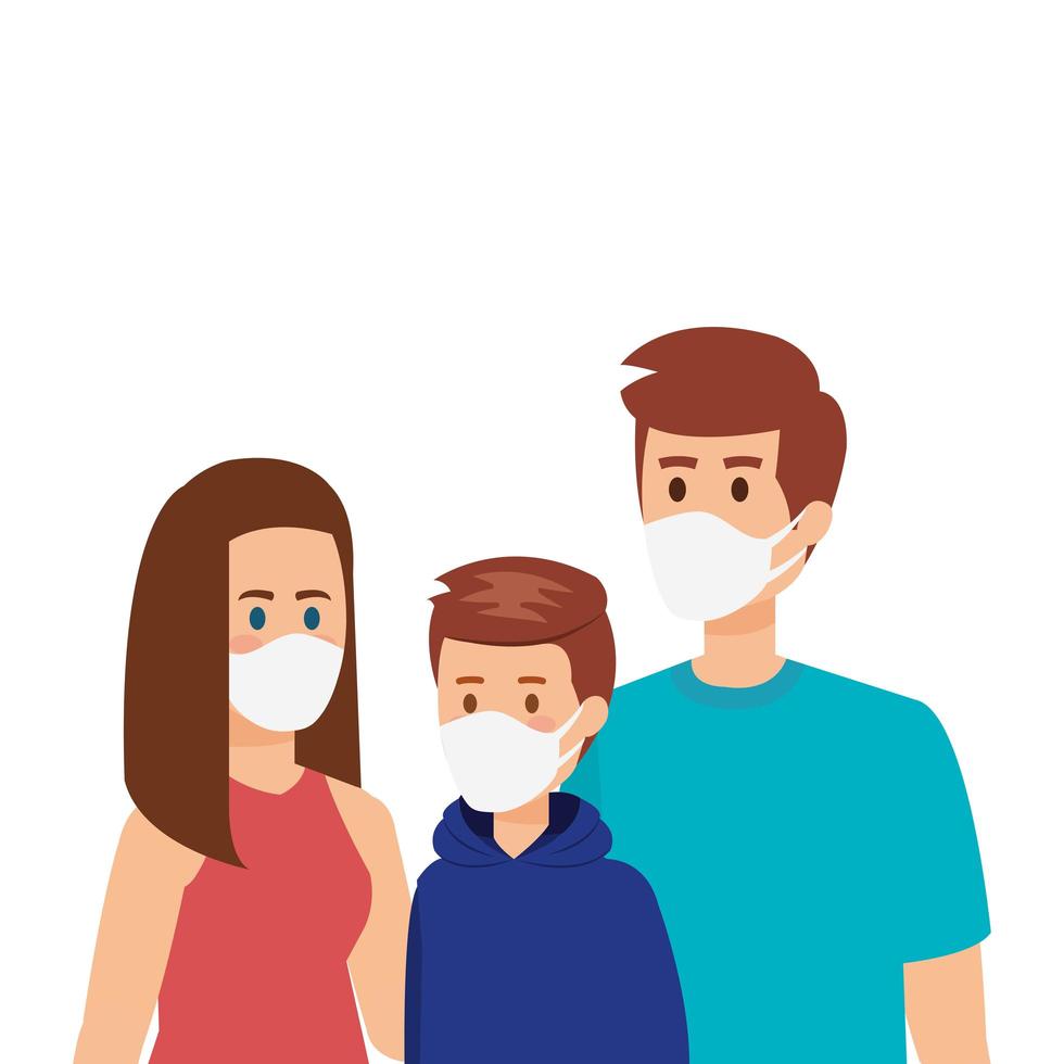 padres con hijo usando mascarilla vector