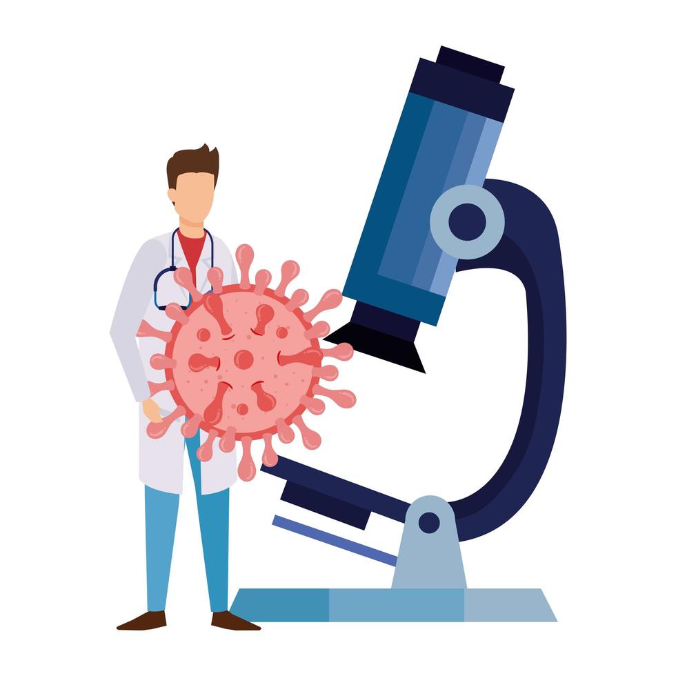 doctor with particle covid 19 and microscope vector