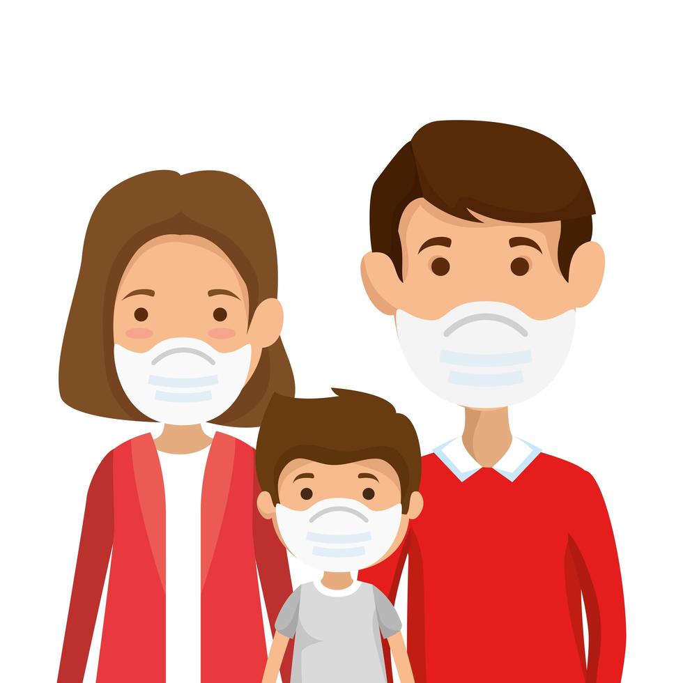 parents with son using face mask vector