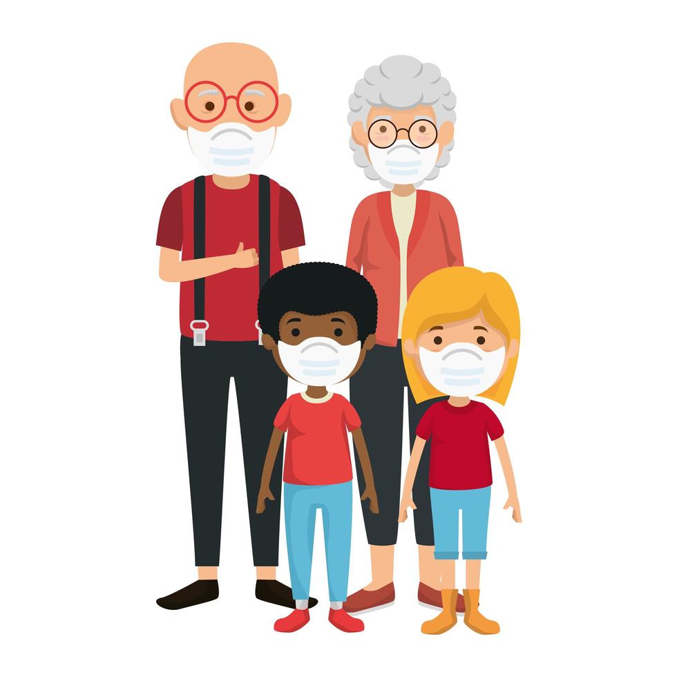 grandparents with grandchildren using face mask vector