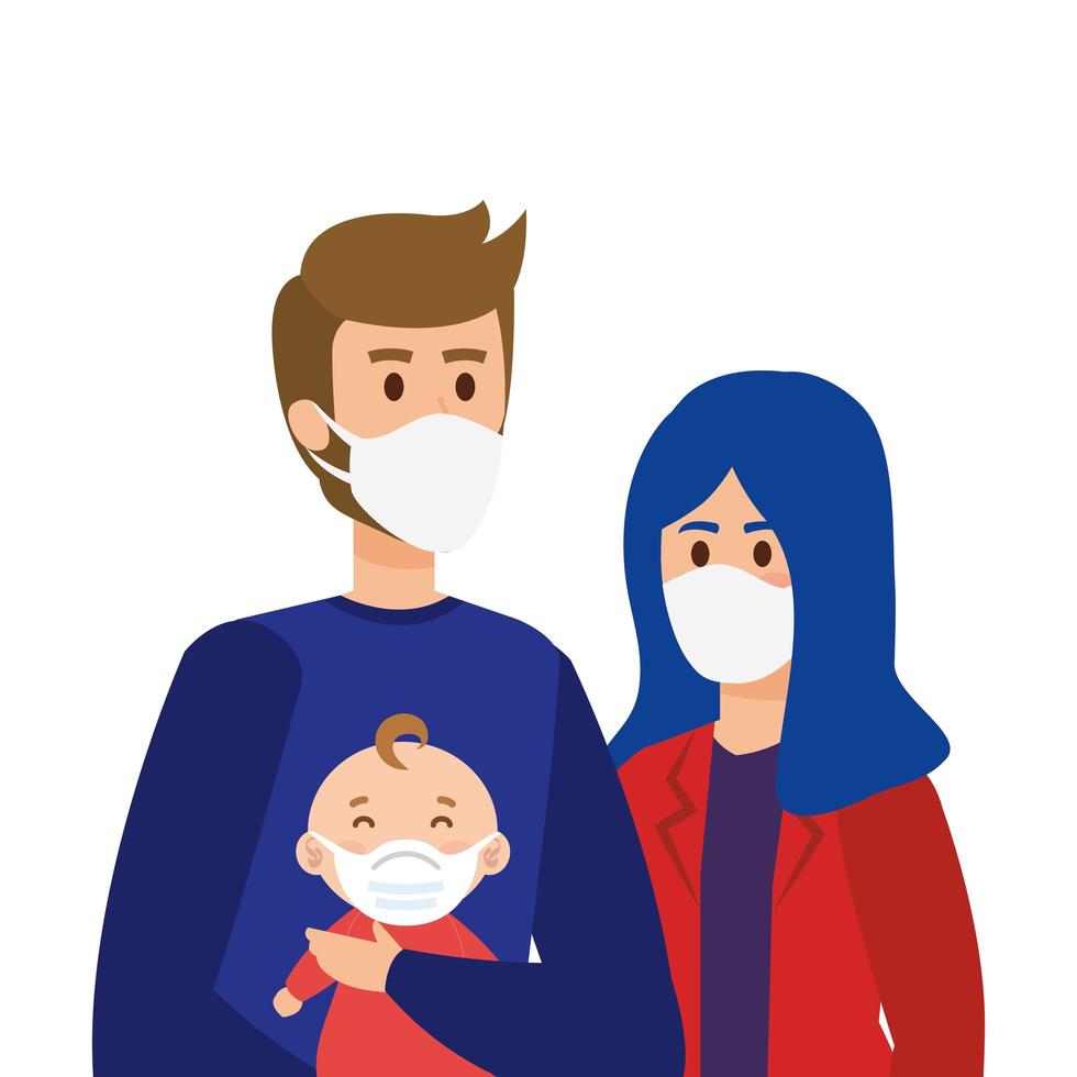 parents with son using face mask vector