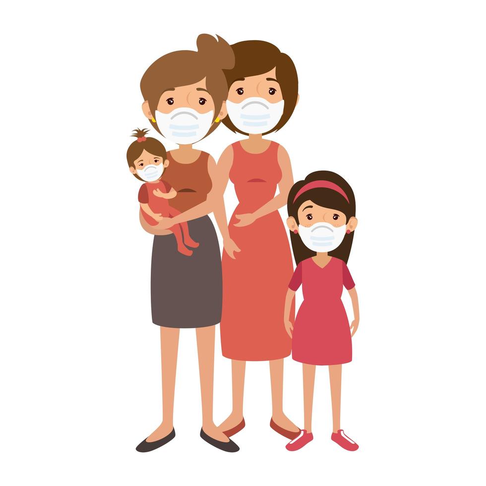 mothers lesbian with daughters using face mask vector