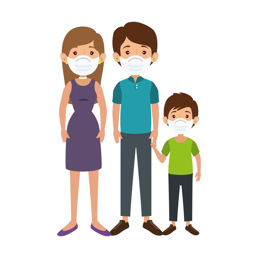 parents with son using face mask vector