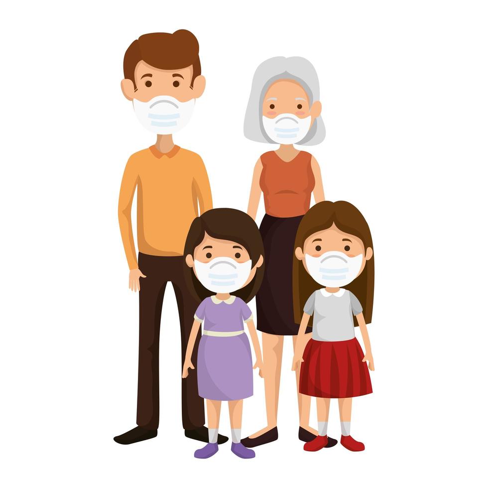 cute group family using face mask vector