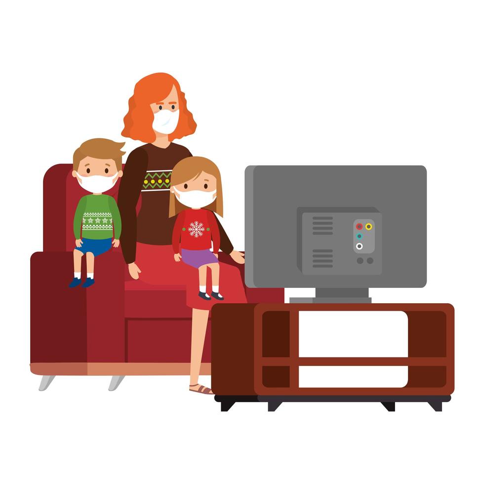 mother with children using face mask vector