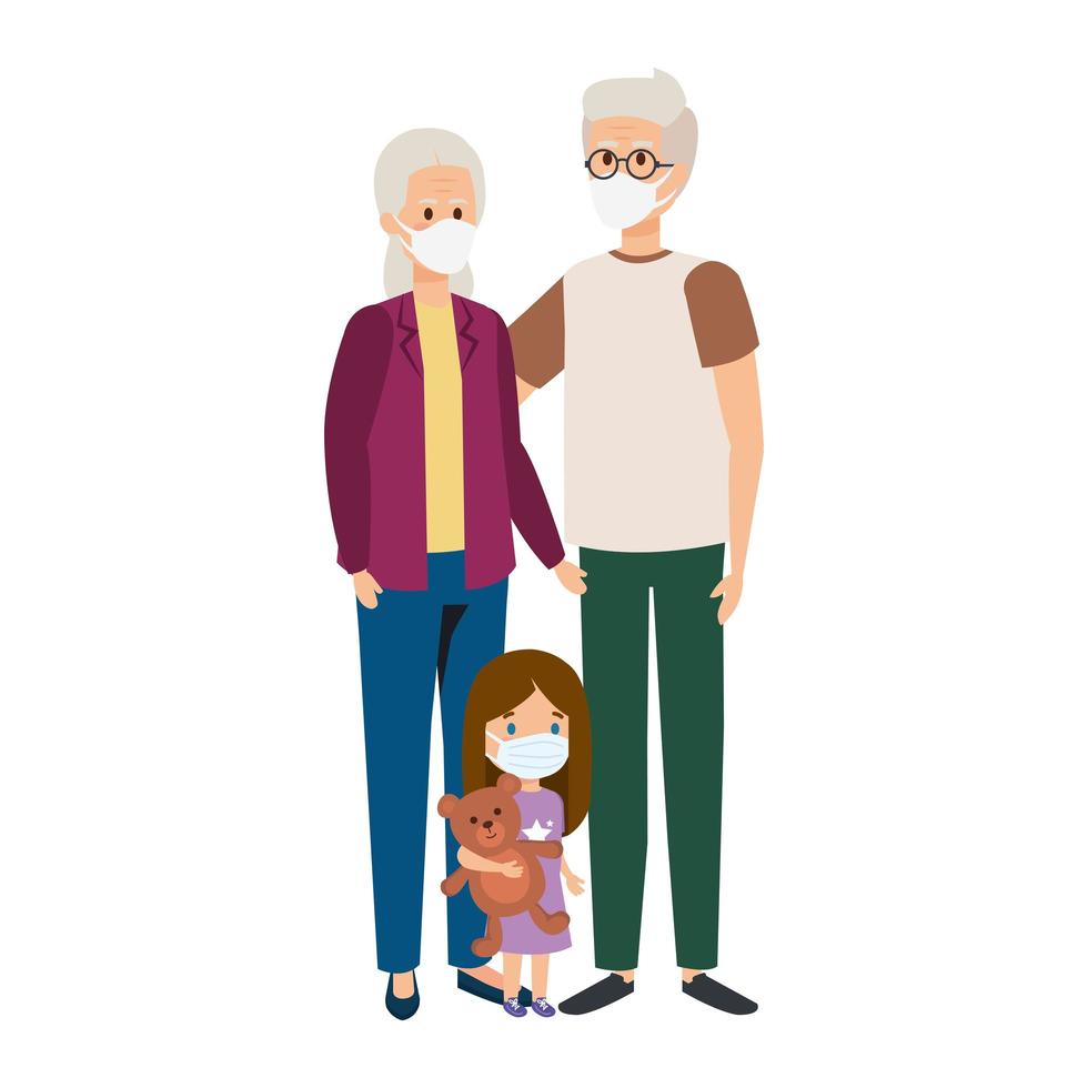 grandparents with granddaughter using face mask vector