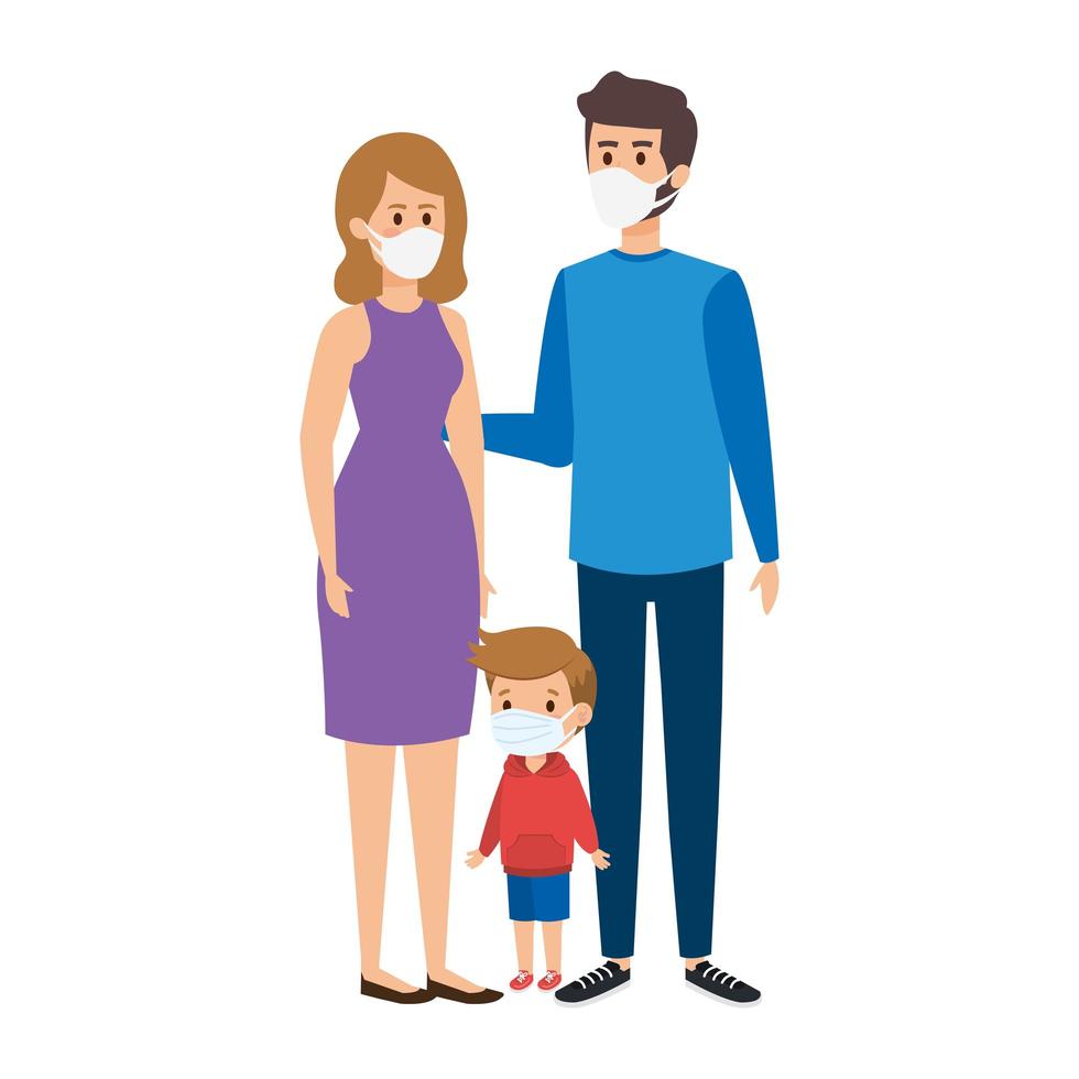 parents with son using face mask vector