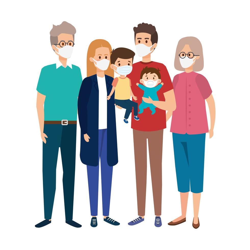 cute group family using face mask vector