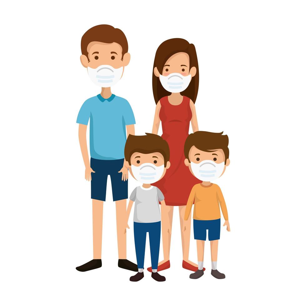 cute group family using face mask vector