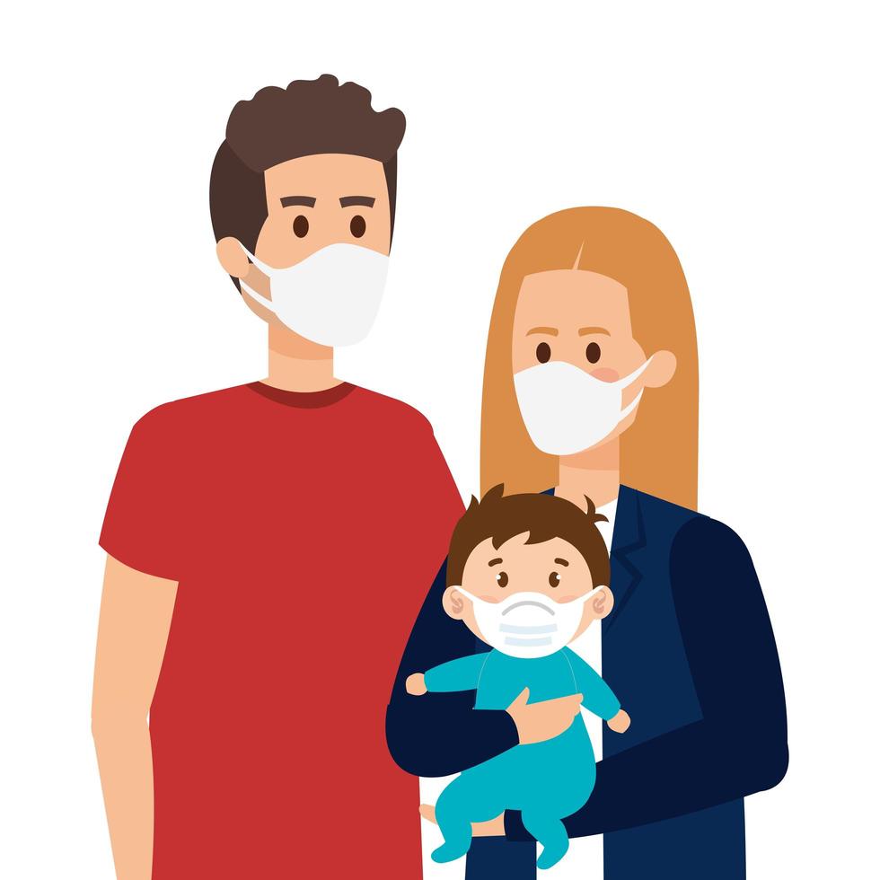 parents with baby using face mask vector