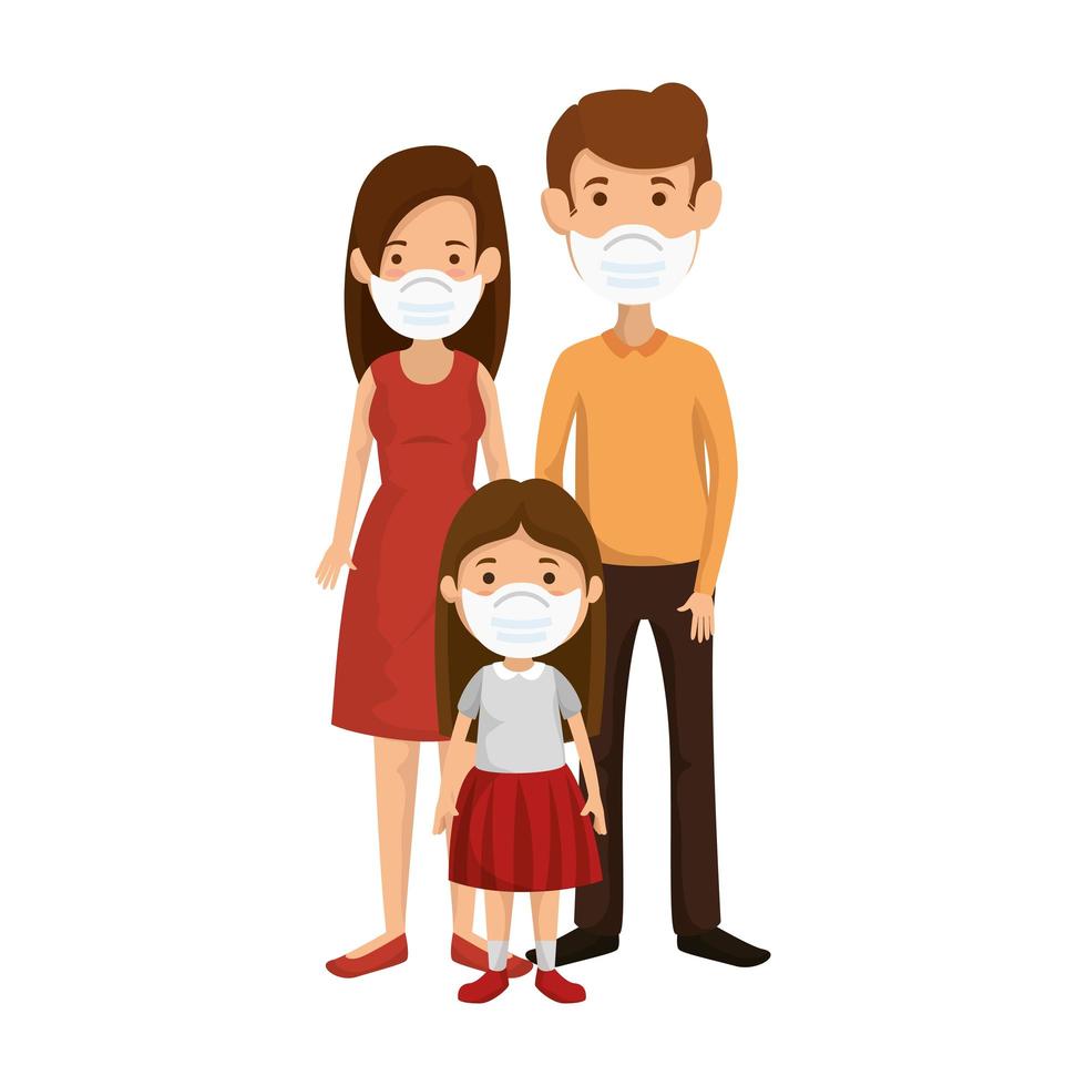 parents with daughter using face mask vector