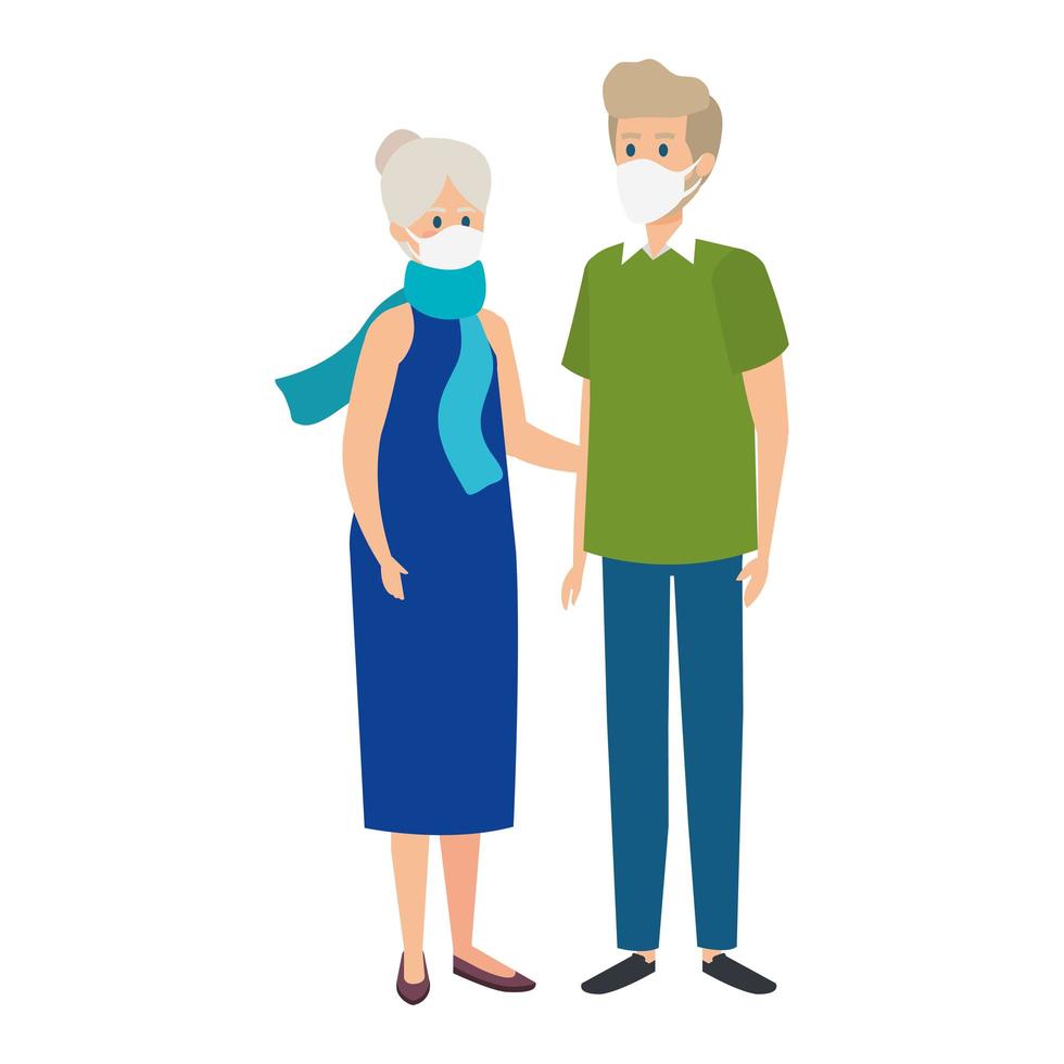 grandparents couple using face mask vector