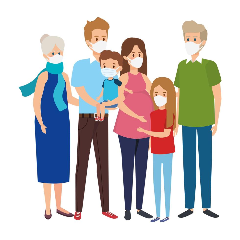 cute group family using face mask vector