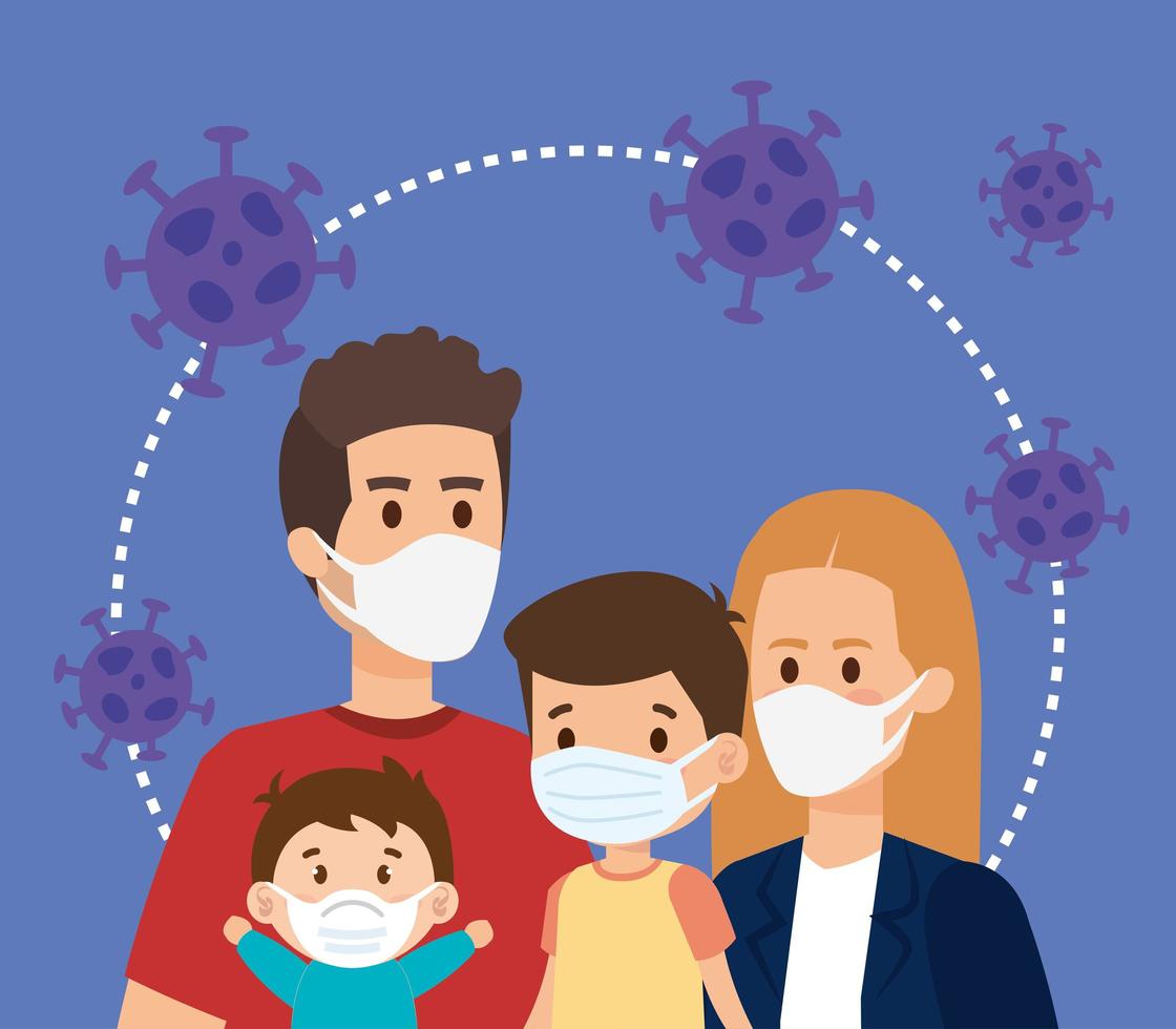 parents with children using face mask and particles covid 19 vector