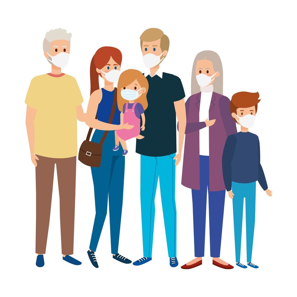 cute group family using face mask vector