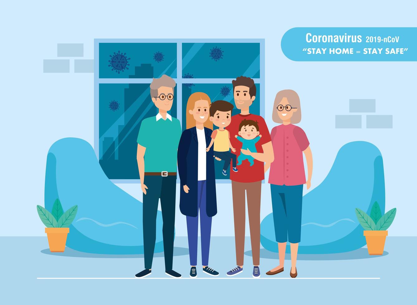 campaña de estancia en casa con linda familia usando mascarilla vector