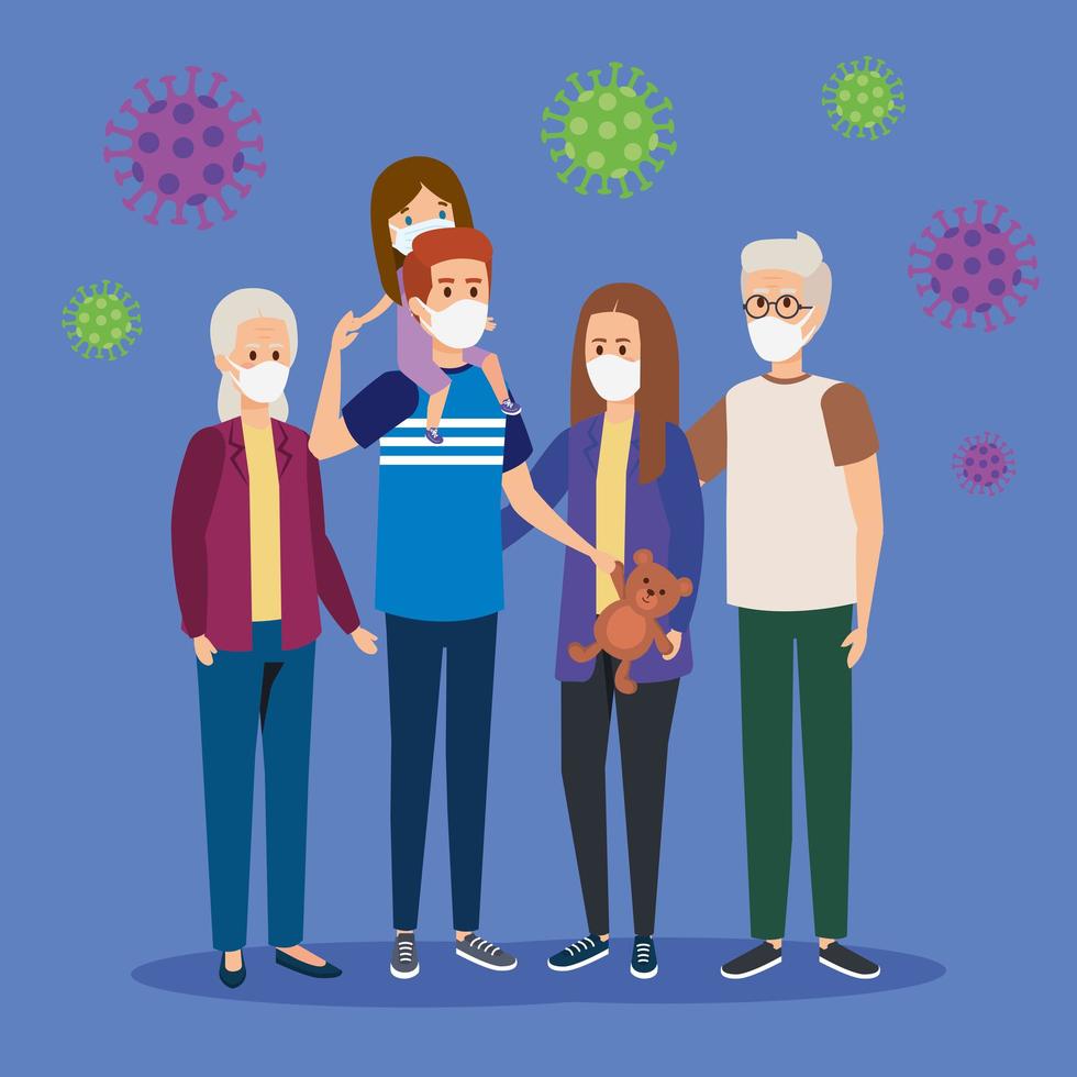 cute group family using face mask with particles covid 19 vector