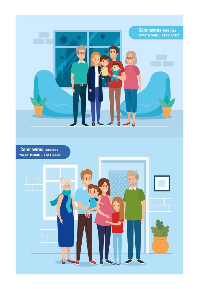 set scenes of stay at home campaign with families vector