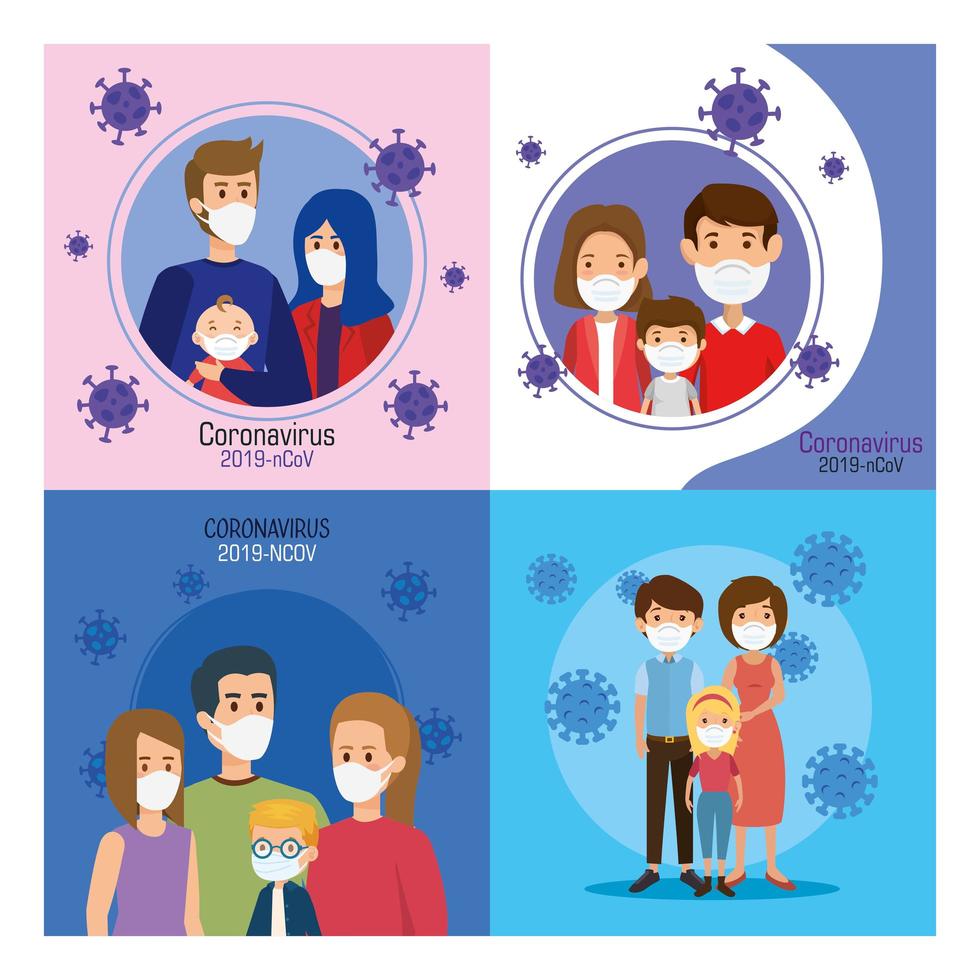 Establecer escenas de familias usando mascarilla y partículas covid 19 vector