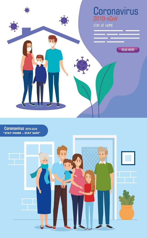 set scenes of stay at home campaign with families vector