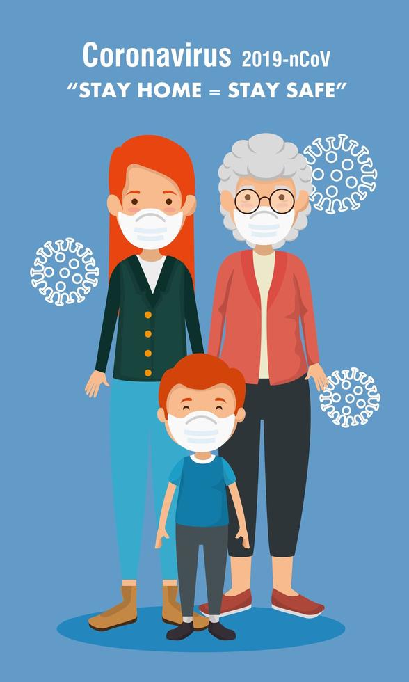 stay at home campaign with cute family using face mask vector