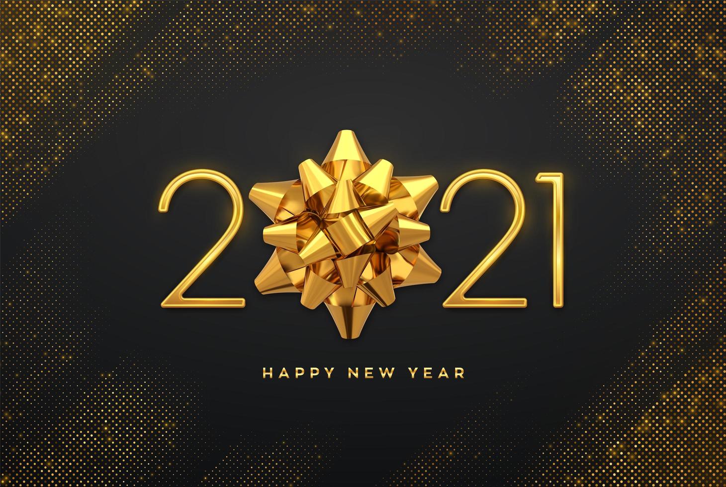 Happy New 2021 Year. Golden metallic luxury numbers 2021 with golden gift bow on shimmering background. Bursting backdrop with glitters. Greeting card, festive poster or holiday banner. vector