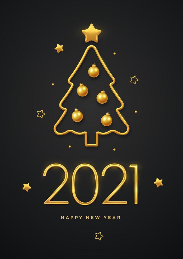 Happy New 2021 Year. Golden metallic luxury numbers 2021 with golden metallic Christmas tree, golden balls and stars. Greeting card, festive poster or holiday banner design. vector