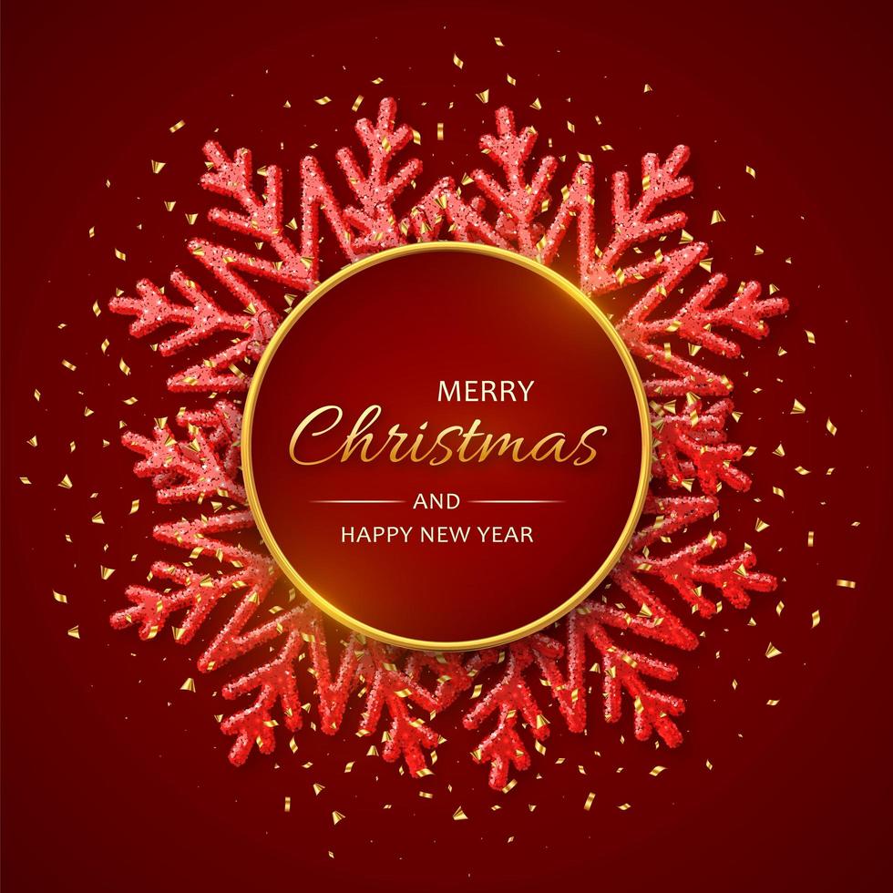 Christmas red background with shining snowflakes. Merry christmas greeting card. Holiday Xmas and New Year poster, web banner. vector