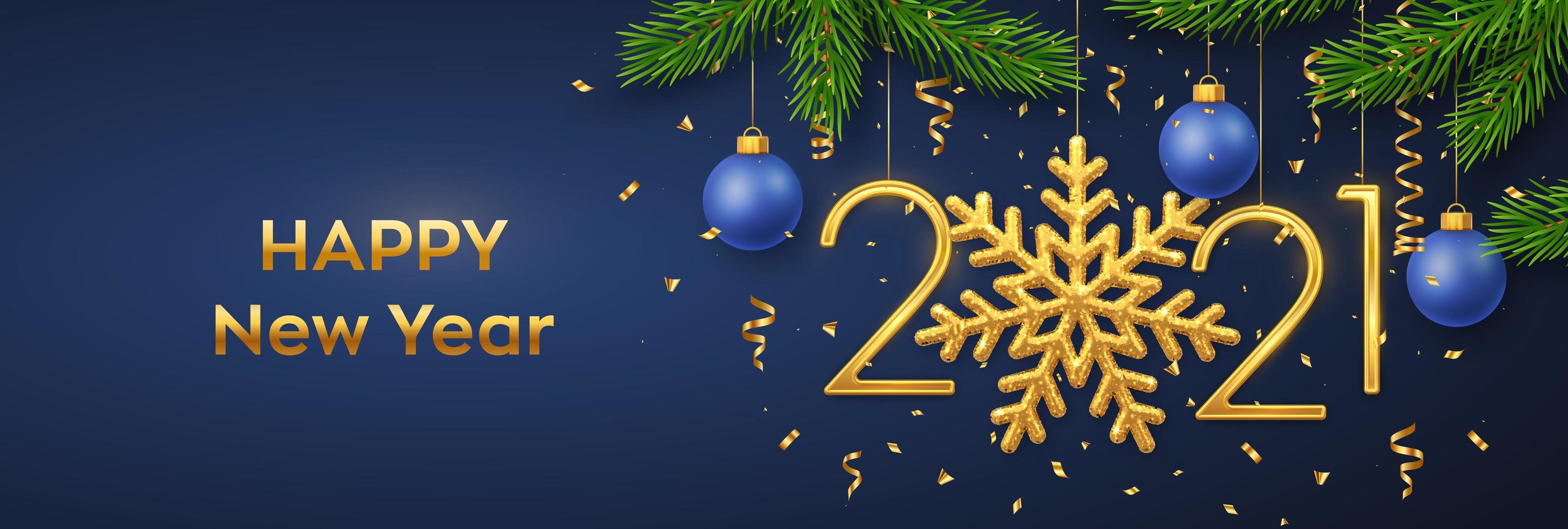 Happy New 2021 Year. Hanging Golden metallic numbers 2021 with snowflake, balls, pine branches and confetti on blue background. New Year greeting card or banner template. Holiday decoration. vector