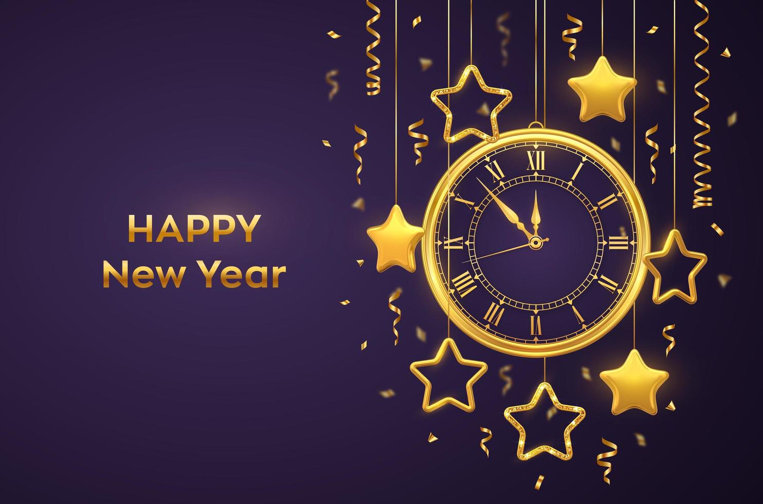 Happy New Year 2021. Golden shiny watch with Roman numeral and countdown midnight, eve for New Year. Purple background with shining gold stars. Merry Christmas. Xmas holiday. vector