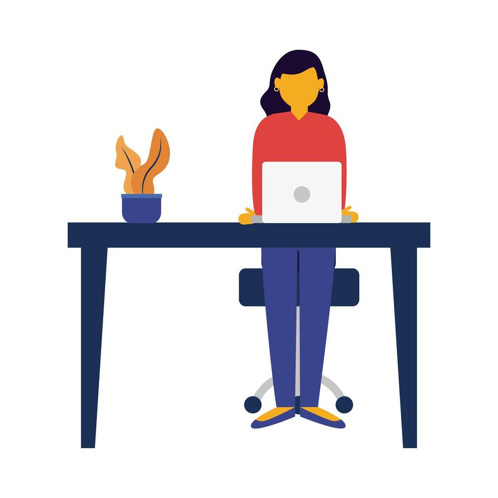 young woman working on laptop vector