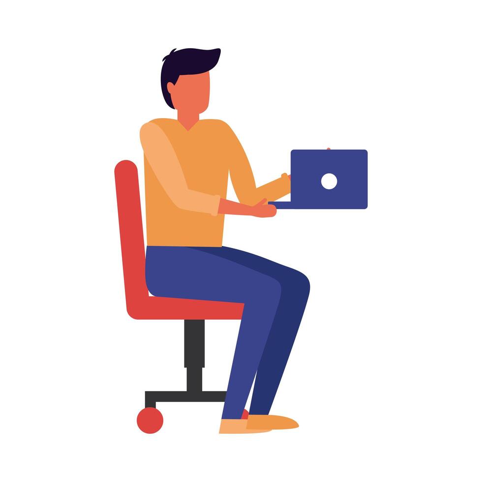 young man using laptop in office chair vector