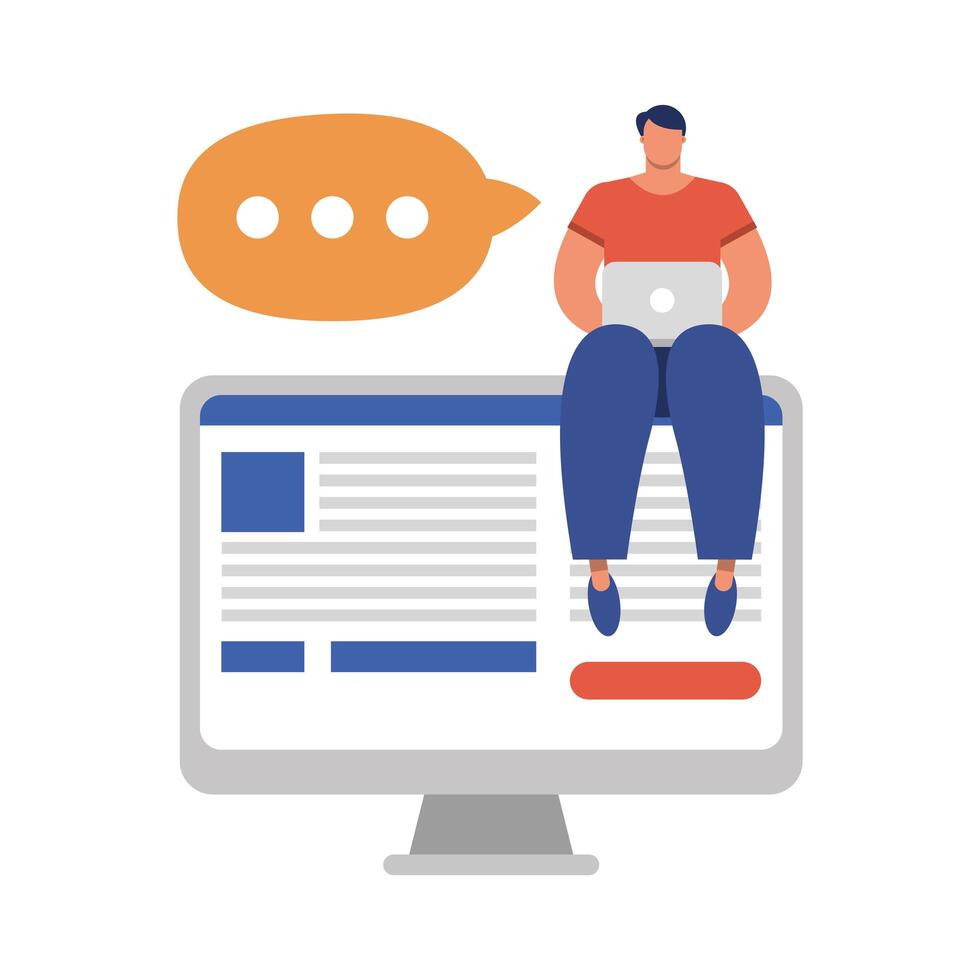 young man sitting on desktop using a laptop vector